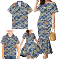 Navy Blue Palaka Hula Girls Seamless Hawaii Aloha Family Matching Mermaid Dress and Hawaiian Shirt - Polynesian Pride