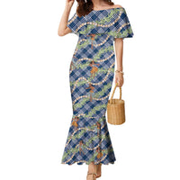 Navy Blue Palaka Hula Girls Seamless Hawaii Aloha Family Matching Mermaid Dress and Hawaiian Shirt - Polynesian Pride