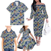 Navy Blue Palaka Hula Girls Seamless Hawaii Aloha Family Matching Off The Shoulder Long Sleeve Dress and Hawaiian Shirt - Polynesian Pride