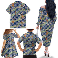 Navy Blue Palaka Hula Girls Seamless Hawaii Aloha Family Matching Off The Shoulder Long Sleeve Dress and Hawaiian Shirt - Polynesian Pride