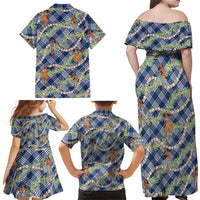 Navy Blue Palaka Hula Girls Seamless Hawaii Aloha Family Matching Off Shoulder Maxi Dress and Hawaiian Shirt - Polynesian Pride
