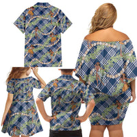 Navy Blue Palaka Hula Girls Seamless Hawaii Aloha Family Matching Off Shoulder Short Dress and Hawaiian Shirt LT7 - Polynesian Pride
