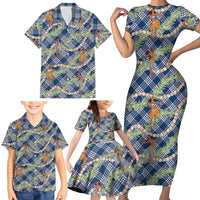 Navy Blue Palaka Hula Girls Seamless Hawaii Aloha Family Matching Short Sleeve Bodycon Dress and Hawaiian Shirt - Polynesian Pride
