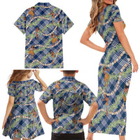 Navy Blue Palaka Hula Girls Seamless Hawaii Aloha Family Matching Short Sleeve Bodycon Dress and Hawaiian Shirt - Polynesian Pride
