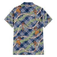 Navy Blue Palaka Hula Girls Seamless Hawaii Aloha Family Matching Summer Maxi Dress and Hawaiian Shirt - Polynesian Pride