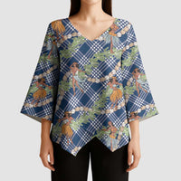 Navy Blue Palaka Hula Girls Seamless Hawaii Aloha Kimono Sleeve Blouse - Polynesian Pride