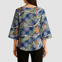 Navy Blue Palaka Hula Girls Seamless Hawaii Aloha Kimono Sleeve Blouse - Polynesian Pride