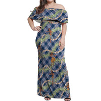 Navy Blue Palaka Hula Girls Seamless Hawaii Aloha Off Shoulder Maxi Dress - Polynesian Pride