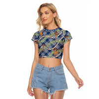 Navy Blue Palaka Hula Girls Seamless Hawaii Aloha Raglan Cropped T Shirt LT7 Female Navy Blue - Polynesian Pride