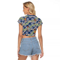 Navy Blue Palaka Hula Girls Seamless Hawaii Aloha Raglan Cropped T Shirt LT7 - Polynesian Pride