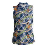 Navy Blue Palaka Hula Girls Seamless Hawaii Aloha Women Sleeveless Polo Shirt - Polynesian Pride