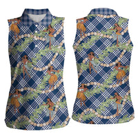 Navy Blue Palaka Hula Girls Seamless Hawaii Aloha Women Sleeveless Polo Shirt - Polynesian Pride