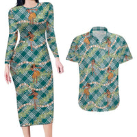 Teal Palaka Hula Girls Seamless Hawaii Aloha Couples Matching Long Sleeve Bodycon Dress and Hawaiian Shirt - Polynesian Pride