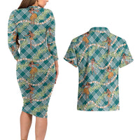 Teal Palaka Hula Girls Seamless Hawaii Aloha Couples Matching Long Sleeve Bodycon Dress and Hawaiian Shirt - Polynesian Pride