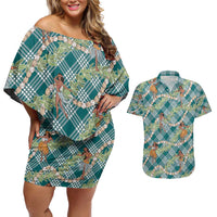 Teal Palaka Hula Girls Seamless Hawaii Aloha Couples Matching Off Shoulder Short Dress and Hawaiian Shirt - Polynesian Pride