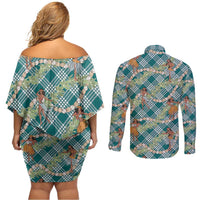 Teal Palaka Hula Girls Seamless Hawaii Aloha Couples Matching Off Shoulder Short Dress and Long Sleeve Button Shirt - Polynesian Pride