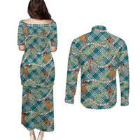 Teal Palaka Hula Girls Seamless Hawaii Aloha Couples Matching Puletasi and Long Sleeve Button Shirt LT7 - Polynesian Pride