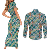 Teal Palaka Hula Girls Seamless Hawaii Aloha Couples Matching Short Sleeve Bodycon Dress and Long Sleeve Button Shirt LT7 - Polynesian Pride