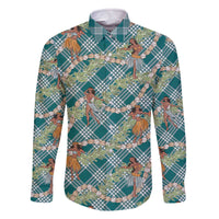 Teal Palaka Hula Girls Seamless Hawaii Aloha Family Matching Off The Shoulder Long Sleeve Dress and Hawaiian Shirt - Polynesian Pride