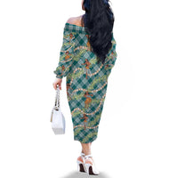 Teal Palaka Hula Girls Seamless Hawaii Aloha Family Matching Off The Shoulder Long Sleeve Dress and Hawaiian Shirt - Polynesian Pride