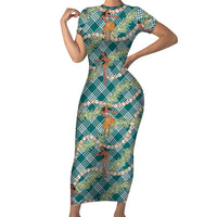 Teal Palaka Hula Girls Seamless Hawaii Aloha Family Matching Short Sleeve Bodycon Dress and Hawaiian Shirt - Polynesian Pride