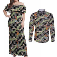 Sable Palaka Hula Girls Seamless Hawaii Aloha Couples Matching Off Shoulder Maxi Dress and Long Sleeve Button Shirt - Polynesian Pride