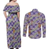 Lavender Palaka Hula Girls Seamless Hawaii Aloha Couples Matching Off Shoulder Maxi Dress and Long Sleeve Button Shirt - Polynesian Pride