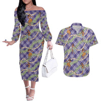 Lavender Palaka Hula Girls Seamless Hawaii Aloha Couples Matching Off The Shoulder Long Sleeve Dress and Hawaiian Shirt - Polynesian Pride