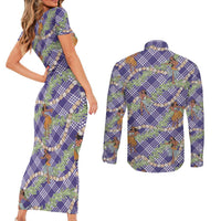 Lavender Palaka Hula Girls Seamless Hawaii Aloha Couples Matching Short Sleeve Bodycon Dress and Long Sleeve Button Shirt - Polynesian Pride