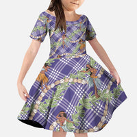 Lavender Palaka Hula Girls Seamless Hawaii Aloha Family Matching Off The Shoulder Long Sleeve Dress and Hawaiian Shirt - Polynesian Pride