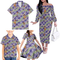 Lavender Palaka Hula Girls Seamless Hawaii Aloha Family Matching Off The Shoulder Long Sleeve Dress and Hawaiian Shirt - Polynesian Pride
