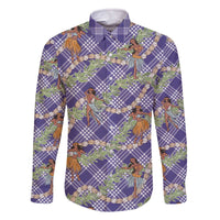 Lavender Palaka Hula Girls Seamless Hawaii Aloha Family Matching Off The Shoulder Long Sleeve Dress and Hawaiian Shirt - Polynesian Pride