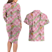 Lokelani Pink Palaka Hula Girls Seamless Hawaii Aloha Couples Matching Long Sleeve Bodycon Dress and Hawaiian Shirt - Polynesian Pride