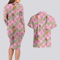 Lokelani Pink Palaka Hula Girls Seamless Hawaii Aloha Couples Matching Long Sleeve Bodycon Dress and Hawaiian Shirt - Polynesian Pride