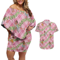 Lokelani Pink Palaka Hula Girls Seamless Hawaii Aloha Couples Matching Off Shoulder Short Dress and Hawaiian Shirt - Polynesian Pride