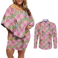Lokelani Pink Palaka Hula Girls Seamless Hawaii Aloha Couples Matching Off Shoulder Short Dress and Long Sleeve Button Shirt - Polynesian Pride