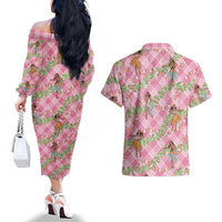 Lokelani Pink Palaka Hula Girls Seamless Hawaii Aloha Couples Matching Off The Shoulder Long Sleeve Dress and Hawaiian Shirt - Polynesian Pride