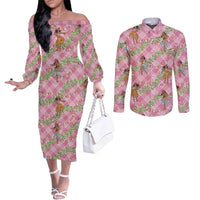 Lokelani Pink Palaka Hula Girls Seamless Hawaii Aloha Couples Matching Off The Shoulder Long Sleeve Dress and Long Sleeve Button Shirt - Polynesian Pride