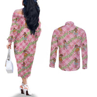 Lokelani Pink Palaka Hula Girls Seamless Hawaii Aloha Couples Matching Off The Shoulder Long Sleeve Dress and Long Sleeve Button Shirt - Polynesian Pride