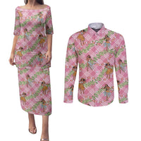 Lokelani Pink Palaka Hula Girls Seamless Hawaii Aloha Couples Matching Puletasi and Long Sleeve Button Shirt LT7 Pink - Polynesian Pride