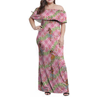 Lokelani Pink Palaka Hula Girls Seamless Hawaii Aloha Family Matching Off Shoulder Maxi Dress and Hawaiian Shirt - Polynesian Pride