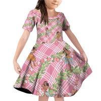 Lokelani Pink Palaka Hula Girls Seamless Hawaii Aloha Family Matching Off Shoulder Short Dress and Hawaiian Shirt - Polynesian Pride