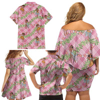Lokelani Pink Palaka Hula Girls Seamless Hawaii Aloha Family Matching Off Shoulder Short Dress and Hawaiian Shirt - Polynesian Pride