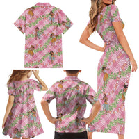 Lokelani Pink Palaka Hula Girls Seamless Hawaii Aloha Family Matching Short Sleeve Bodycon Dress and Hawaiian Shirt - Polynesian Pride