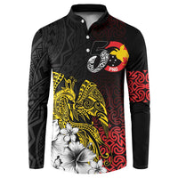 Personalized Papua New Guinea 50th Independence Anniversary Button Sweatshirt Oro Tapa Mix Plumeria LT7 Black - Polynesian Pride