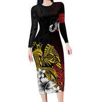 Personalized Papua New Guinea 50th Independence Anniversary Family Matching Long Sleeve Bodycon Dress and Hawaiian Shirt Oro Tapa Mix Plumeria