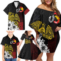 Personalized Papua New Guinea 50th Independence Anniversary Family Matching Off Shoulder Short Dress and Hawaiian Shirt Oro Tapa Mix Plumeria