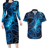New Zealand Maori Matariki Couples Matching Long Sleeve Bodycon Dress and Hawaiian Shirt Galaxy Kowhaiwhai