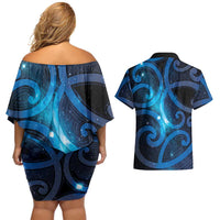 New Zealand Maori Matariki Couples Matching Off Shoulder Short Dress and Hawaiian Shirt Galaxy Kowhaiwhai