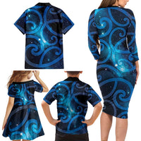 New Zealand Maori Matariki Family Matching Long Sleeve Bodycon Dress and Hawaiian Shirt Galaxy Kowhaiwhai